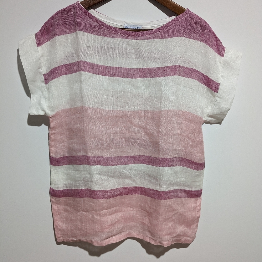 Sagimar 100% Linen White, Pink & Purple Short Sleeve Top